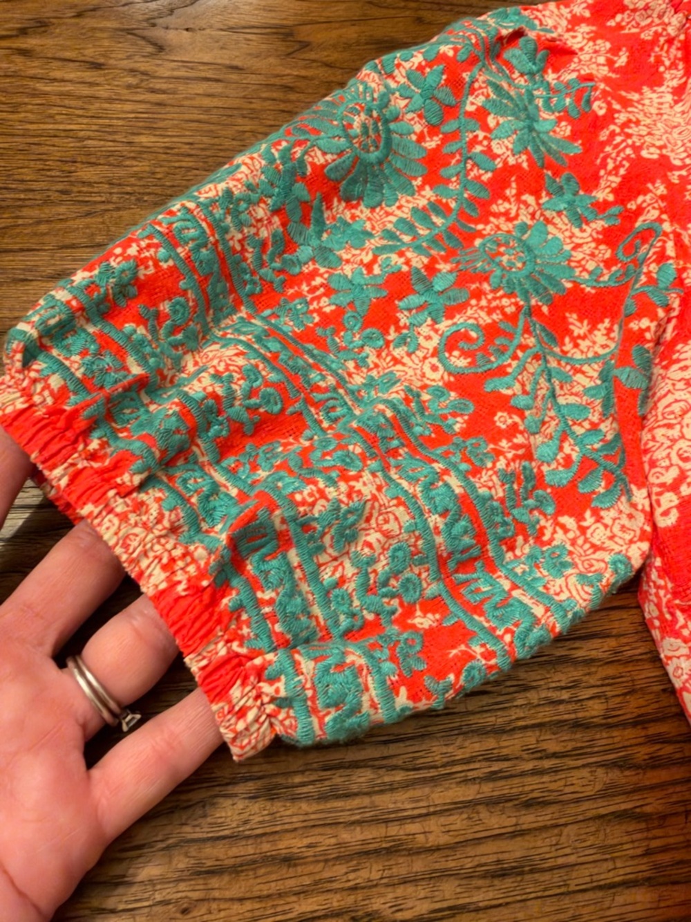 THML Embroidered Puff Sleeve Blouse Medium Coral Turquoise Boho Cotton - Picture 4 of 12